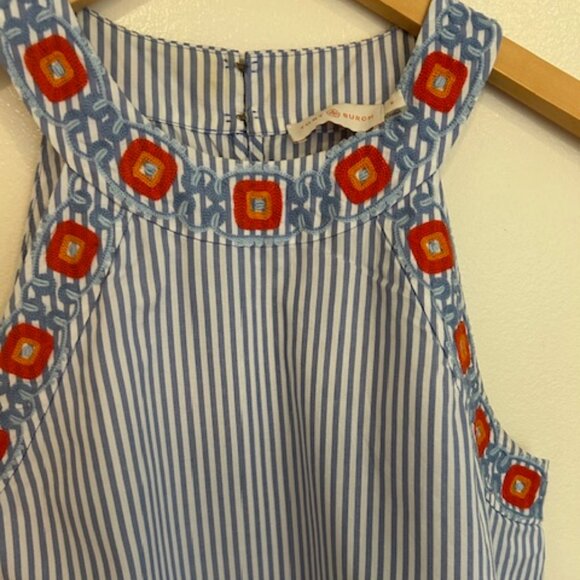 Tory Burch Blue Orange Embroidered Meg Stripped Sleeveless Blouse- Size 6 - Picture 3 of 7